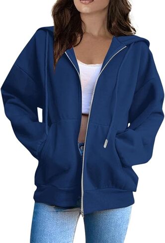 Full Zip Up Hoodies for Women Baggy Fall Winter Fleece Sweatshirt Drawstring Comfy Lightweight Jacket Coats w/Pockets in Saudi Arabia