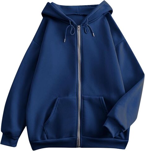 Full Zip Up Hoodies for Women Baggy Fall Winter Fleece Sweatshirt Drawstring Comfy Lightweight Jacket Coats w/Pockets in Saudi Arabia
