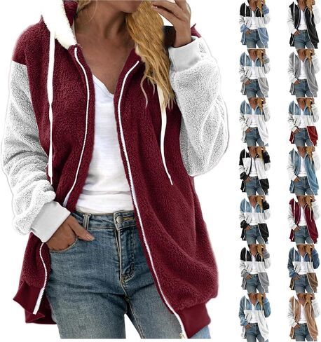 Winter Coats for Women Plus Size Fuzzy Sherpa Fleece Jacket Color Block Hooded Teddy Coats Outerwear with Pockets in Kuwait