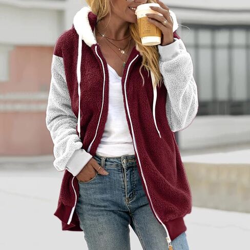 Winter Coats for Women Plus Size Fuzzy Sherpa Fleece Jacket Color Block Hooded Teddy Coats Outerwear with Pockets in Kuwait