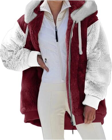 Winter Coats for Women Plus Size Fuzzy Sherpa Fleece Jacket Color Block Hooded Teddy Coats Outerwear with Pockets in Kuwait