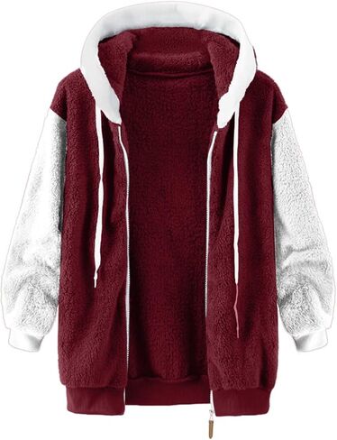 Winter Coats for Women Plus Size Fuzzy Sherpa Fleece Jacket Color Block Hooded Teddy Coats Outerwear with Pockets in Kuwait