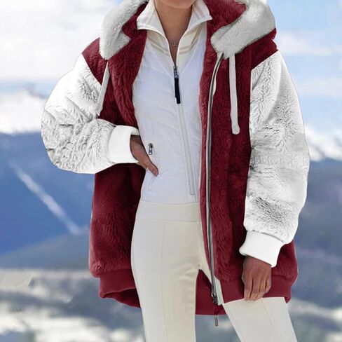 Winter Coats for Women Plus Size Fuzzy Sherpa Fleece Jacket Color Block Hooded Teddy Coats Outerwear with Pockets in Kuwait