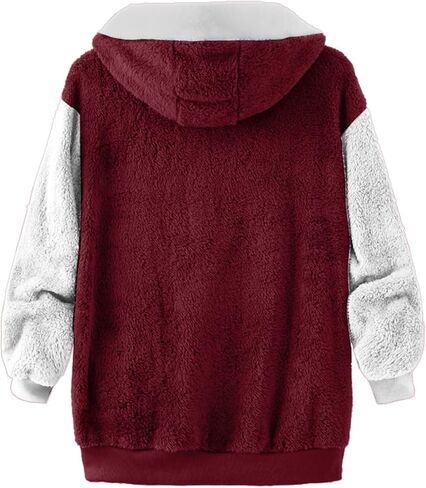 Winter Coats for Women Plus Size Fuzzy Sherpa Fleece Jacket Color Block Hooded Teddy Coats Outerwear with Pockets in Kuwait