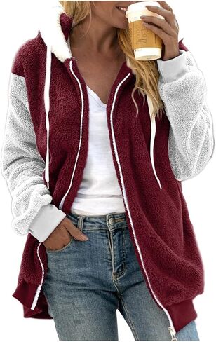 Winter Coats for Women Plus Size Fuzzy Sherpa Fleece Jacket Color Block Hooded Teddy Coats Outerwear with Pockets in Kuwait