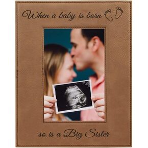CustomGiftsNow When a Baby is Born so is a Big Sister Laser Engarved Faux Leather Dark Brown Leatherette Wall Hanging/Tabletop 8x10 Landscape Picture Group Family New Grandchild Baby Photo Frame