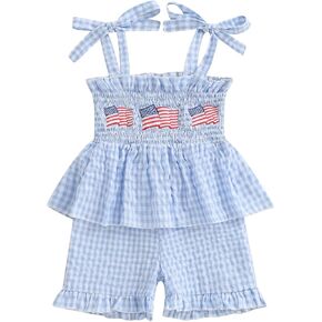 4th Fourth Of July Toddler Girl Outfit American Flag Romper Sleeveless One Piece Jumpsuit Smocked USA Outfits