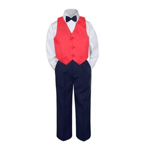 4pc Formal Baby Teen Boys Red Vest Bow Tie Sets Black Pants Suits S-14 (4T)