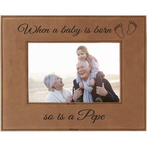 CustomGiftsNow When a Baby is Born so is a Pepe Laser Engarved Faux Leather Grey Leatherette Wall Hanging/Tabletop 5x7 Landscape Picture Group Family New Grandchild Baby Photo Frame