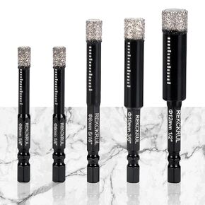 5-Pack Diamond Drill Bits Set, 1/4 5/16 3/8 1/2 Inch Diamond Hole Saw – 1/4 Hex Shank Core Drill Bits for Ceramic, Tile, Glass, Granite, Marble, Brick & Stone, 6/8/10/12mm
