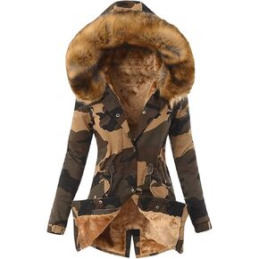 Women's Warm Winter Drawstring Camouflage Fur Collar Coat Thickened Puffer Parka Coat Faux Fur Hoodies Plush Parka