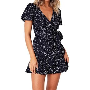 Womens Spring Summer Casual Elegant Knot Front V Neck Ruffles Short Sleeve Floral Print Swing Mini Short Skater Dress