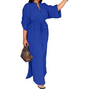 Women Split Thigh Maxi Dress Roll Sleeve Bodycon Wedding Guest Dresses High Waist Cocktail Party Dresses with Belt
