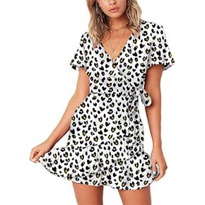 Womens Spring Summer Casual Elegant Knot Front V Neck Ruffles Short Sleeve Floral Print Swing Mini Short Skater Dress in Kuwait