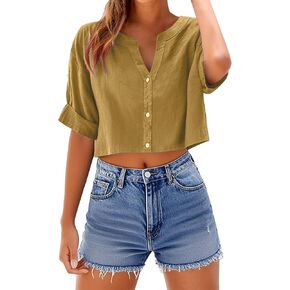 Summer Casual Cotton Linen Crop Tops for Women Solid Short Sleeve Notch V Neck Button Decor Cropped T Shirts Blouses