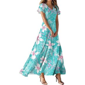 Womens Floral Maxi Dress Summer Short Sleeve Long Dresses Flowy V Neck A Line Dresses Boho Vacation Beach Dress