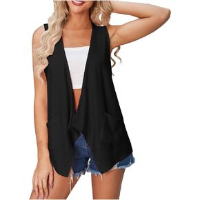 Women Sleeveless Eyelet Cardigan with Pockets Draped Ruffles Open Front Cover Up Summer Rash Guard UV Sun Protection