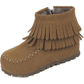 Little Girls Tassel Suede Ankle Boots Side Zipper Short Booties Winter Soft Non Slip Sole Rugged Outback Boots for Girls