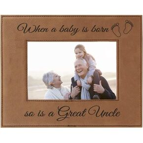 CustomGiftsNow When a Baby is Born so is a Great Uncle Laser Engarved Faux Leather Grey Leatherette Wall Hanging/Tabletop 8x10 Landscape Picture Group Family New Grandchild Baby Photo Frame
