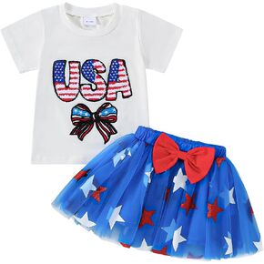 Noubeau Toddler Girl 4th of July Patriotic Outfit USA Letter Print Shirt Tops Tulle Skirt Baby Festive Party Dress