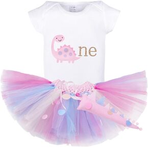 Baby Girls Dino 1st Birthday Tutu Outfit Infant Cotton Romper+Tutu Skirt+Dino Tail Cake Smash 3PCS Set