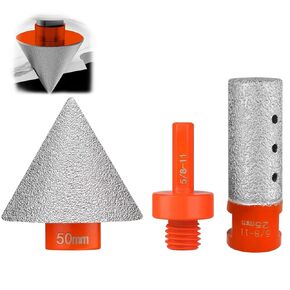 3PCS Tile Cone Grinder Bit Set - 2"(50mm) Diamond Beveling Chamfer Bits,1"(25mm) Diamond Finger Milling Bit with 5/8-11" Thread Adapter for Existing Holes Enlarging Shaping Trimming Cleaning