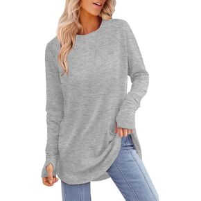 Womens Tunic Tops Crewneck Curved Hem Long Sleeve with Thumb Holes Casual Pullovers with Leggings for Camping Outing