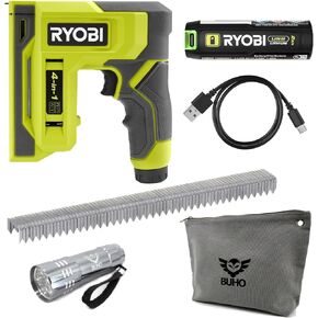 Ryobi USB Craft 4-in-1 Stapler/Nailer Bundle with 3.0 Ah Battery, Charging Cable, Steel Staples, Buho Tool Bag and Flashlight
