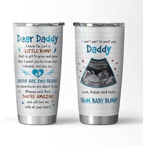 Personalized Tumbler For New Dad From Baby Bump I Can't Wait To Meet You Baby Footprint In Blue Heart Custom Name Upload Photo 20oz With Lid Travel Cup Dad To Be Gifts For Birthday