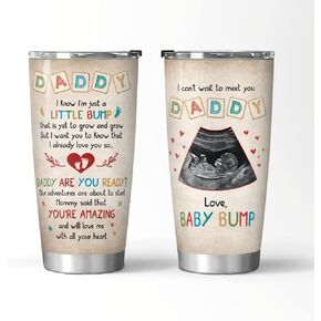 Personalized Tumbler For New Dad From Baby Bump I Can't Wait To Meet You Baby Footprint In Heart Custom Name Upload Photo 20oz With Lid Travel Cup New Dad Gifts For Birthday