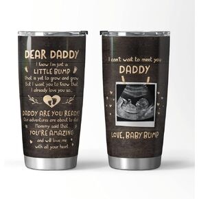 Personalized Tumbler For New Dad From Baby Bump I Can't Wait To Meet You Baby Footprint In Heart Sonogram Custom Name Upload Photo Stainless Steel 20oz Travel Cup New Dad Gifts For Birthday