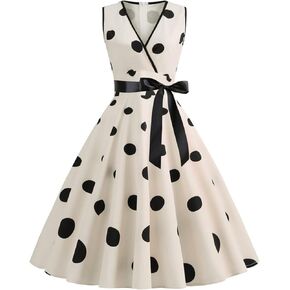 Women's 50S Cocktail Party Dress Vintage Sleeveless Polka Dot Flared Prom Dress Retro Swing Dress A Line Midi Gown