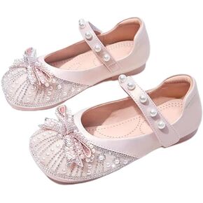 Girls Pearl Rhinestone Ballet Flats, Mary Jane Dress Shoes, Pink Princess Style with Bow Detail