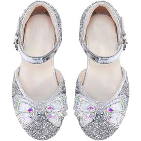 Girls Sparkly Silver Dress Shoes, Glitter Ballet Flats with Bow and Rhinestones, Ankle Strap