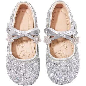 Girls Glitter Mary Jane Flats, Silver Sparkle Ballet Shoes with Star Bow, Slip-On