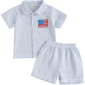 Toddler Baby Boy Girl 4th of July Pajamas American Flag Embroidery Striped T-Shirt Shorts Kids Nightgown Summer PJs