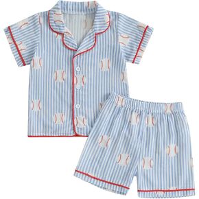 Kids Baby Boy Girl Baseball Outfits Baseball Button Down Pajamas Shirts Tops and Shorts Baby Pjs Lounge Sets