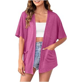 Open Front Cardigan for Women Lightweight Loose Short Sleeve Blouse Tops Kimono with Pockets Summer Beach Cover Ups
