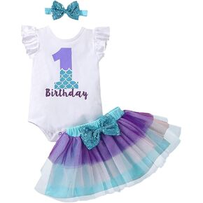 Baby girl 1st birthday outfit Birthday printed one-piece top + ballet skirt + headband 3-piece set of clothes