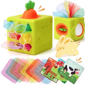 hahaland Baby Tissue Box Toy - Silicone Baby Toys 6-12 Months Montessori Toy for 6 Month Old - 6-in-1 Soft Busy Activity Cube with Scarves, Crinkle, Textures, Mirror, Sensory Popper - Gifts for Babies