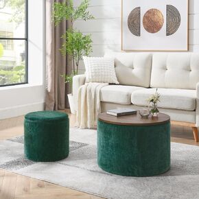 2-Piece Chenille Storage Ottoman Set | Round Ottoman with Removable MDF Desktop & Drum Stool | Dark Blue Living Room Furniture for Extra Seating or Workstation (Dark Blue + Chenille)