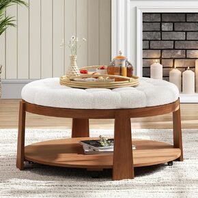 Large Round Ottoman Coffee Table with Wheel, Modern 36" Circle 2-Tier Oversized Button Tufted Ottoman with Wood Shelf Storage Upholstered Waterproof Linen Footrest Coffee Table, White