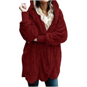 Womens Sherpa Jacket Fuzzy Fleece Oversized Open Front Cardigan Hooded Soft Fluffy Robe Winter Coats with Pockets
