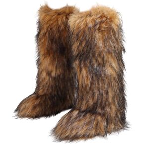 Women Furry Faux Fur Snow Boots Fluffy Fuzzy Comfy Knee High Boot Colorful Round Toe Flat Shoes Rubber Sole Outdoor Indoor Fashion Party