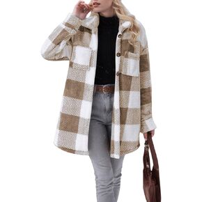 Gumipy Flannel Jacket Women Lapel Button Up Plaid Jacket Shacket Trendy Long Sleeve Fleece Jacket Shackets for Women 2024