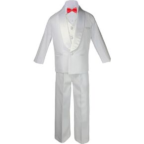 5-7pc Boy White Satin Shawl Lapel Suits Tuxedo RED Satin Bow tie Sm-7