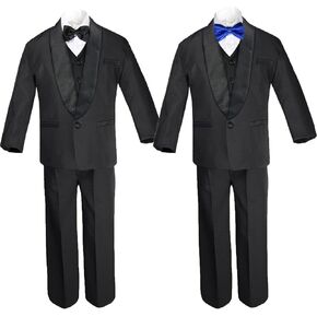 6pc Baby Black Formal Satin Shawl Lapel Suits Tuxedo Extra Royal Blue Bow Tie