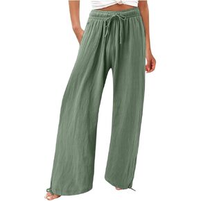 Women's Elastic High Waisted Linen Pants Drawstring Wide Leg Palazzo Pant Comfy Lounge Beach Trousers with Pocket