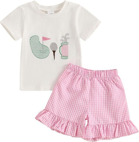fhutpw Toddler Baby Girls Summer Clothes Smocked Short Sleeve T-Shirt Tops Ruffled Plaid Short Sets Cute Outfits 2Pcs in Saudi Arabia