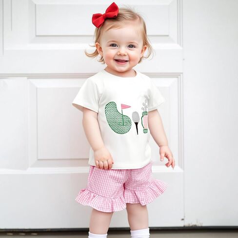 fhutpw Toddler Baby Girls Summer Clothes Smocked Short Sleeve T-Shirt Tops Ruffled Plaid Short Sets Cute Outfits 2Pcs in Saudi Arabia